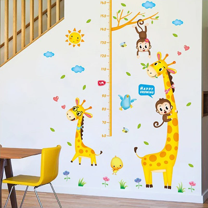 DIY мультфильм животных Жираф Обезьяна Рост Диаграмма Наклейки на стены высота