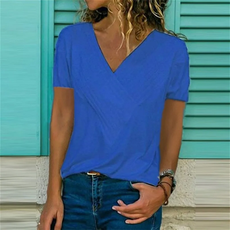 

Hot Sale 2021 New Fashion Slim Stitching V-neck Short-sleeved Solid Color T-shirt Women O8