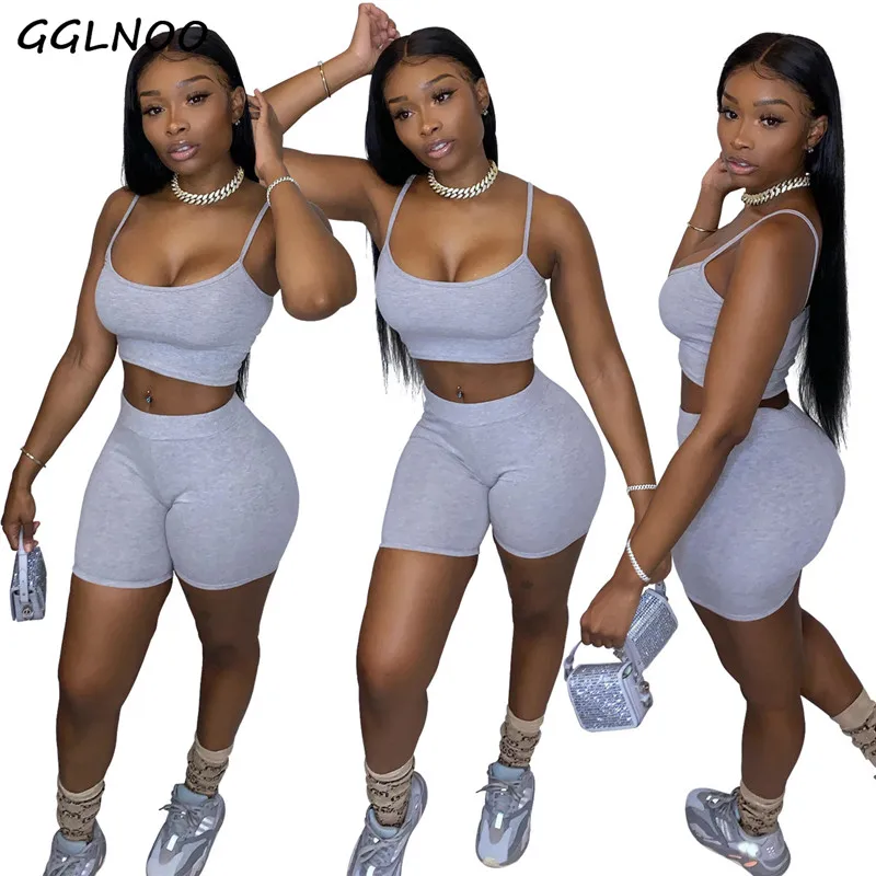 

GGLNOO Women Sexy Tracksuit 2 Piece Set Spaghetti Strap Tank Top and Shorts Sets Casual Solid Two Piece Set