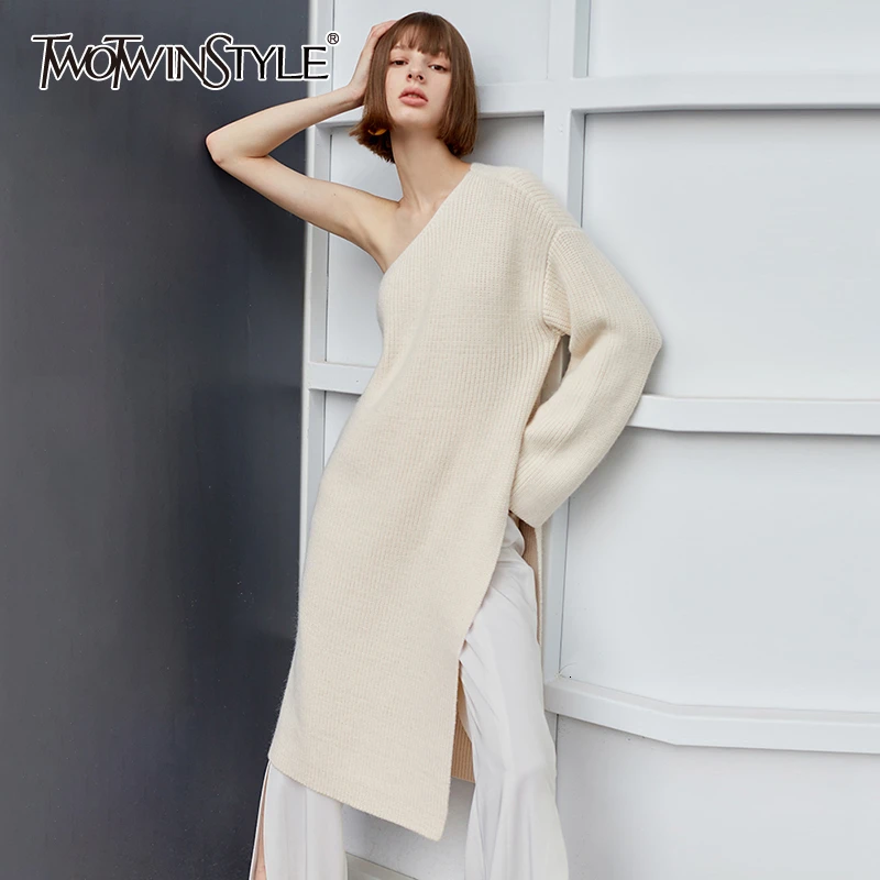 TWOTWINSYLE Casual Knitting Sweater For Female Irregular Collar Long Sleeve One Shoulder Side Split Sweaters Women Fashion Tide | Женская