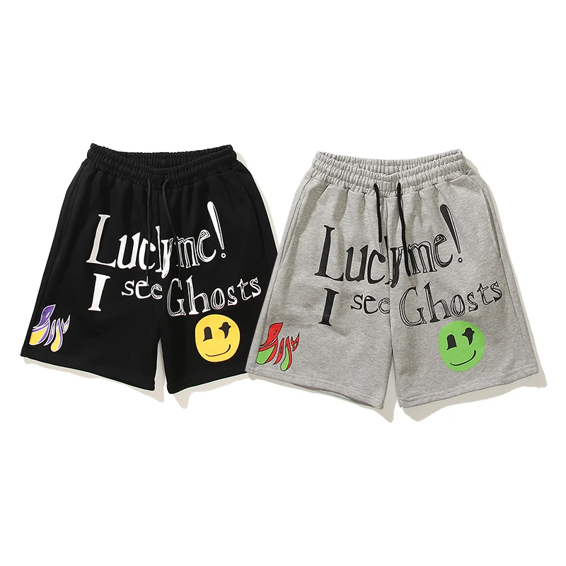 

Kanye Letter Print Smiley Graffiti Casual Shorts Mens and Womens Drawstring Oversize Kendell Short Hip Hop Loose Five Point Pant