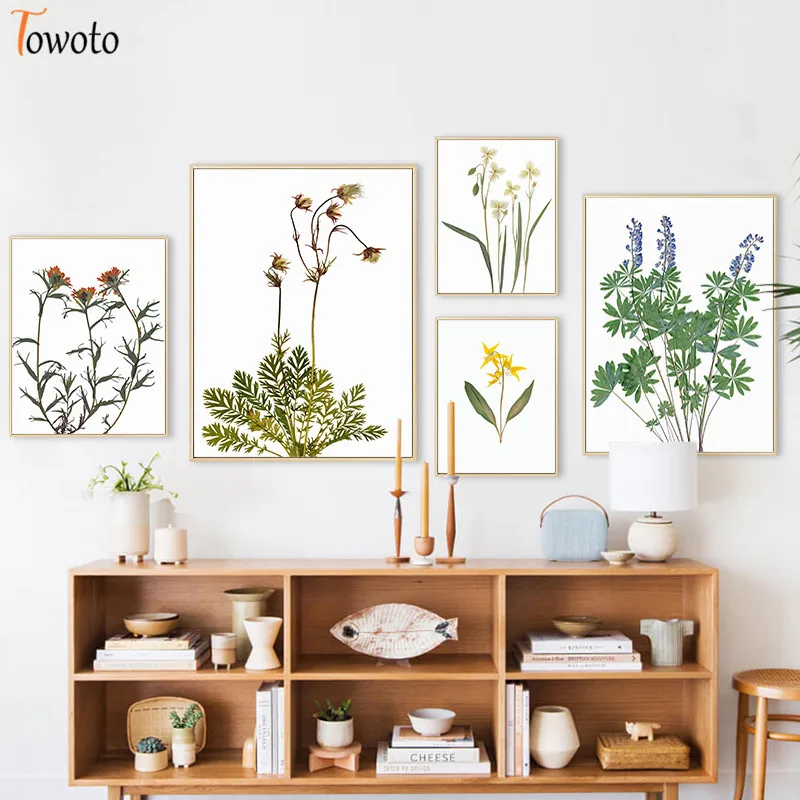 Растительный принт Постер диких цветов трава растения холст живопись пастельный