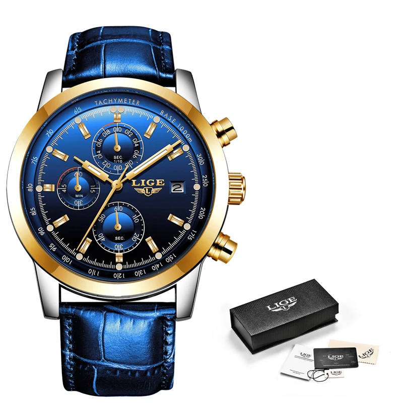 Relojes Hombre новинка 2019 LIGE повседневные кожа модные кварцевые золотые часы мужские