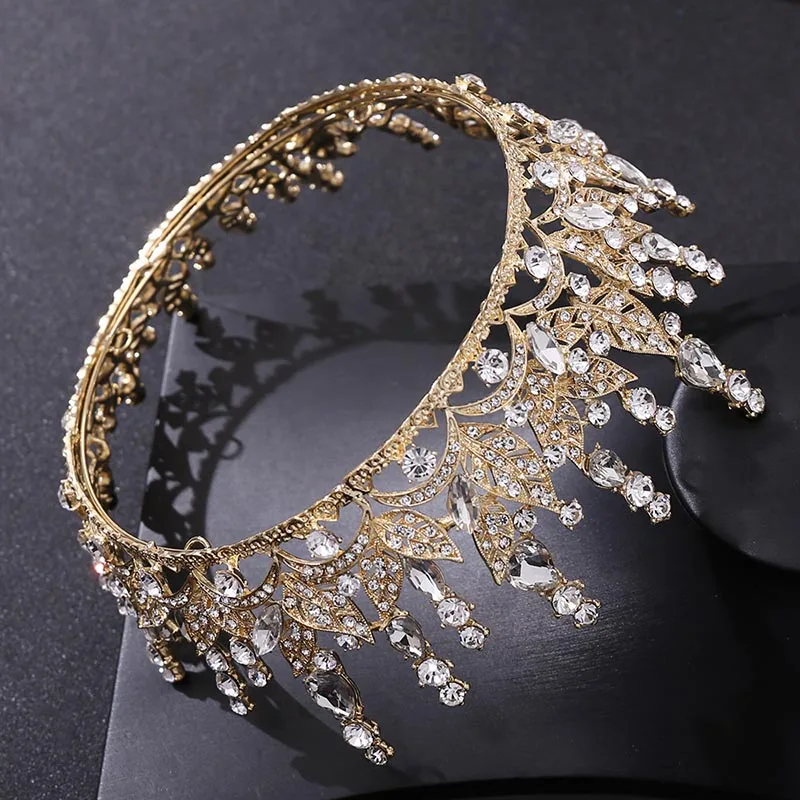 Royal Princess Diadem Bling Crystal Leaf Full Round Tiaras and Crowns Headbands for Women Girls Bride Wedding Hair Jewelry | Украшения и