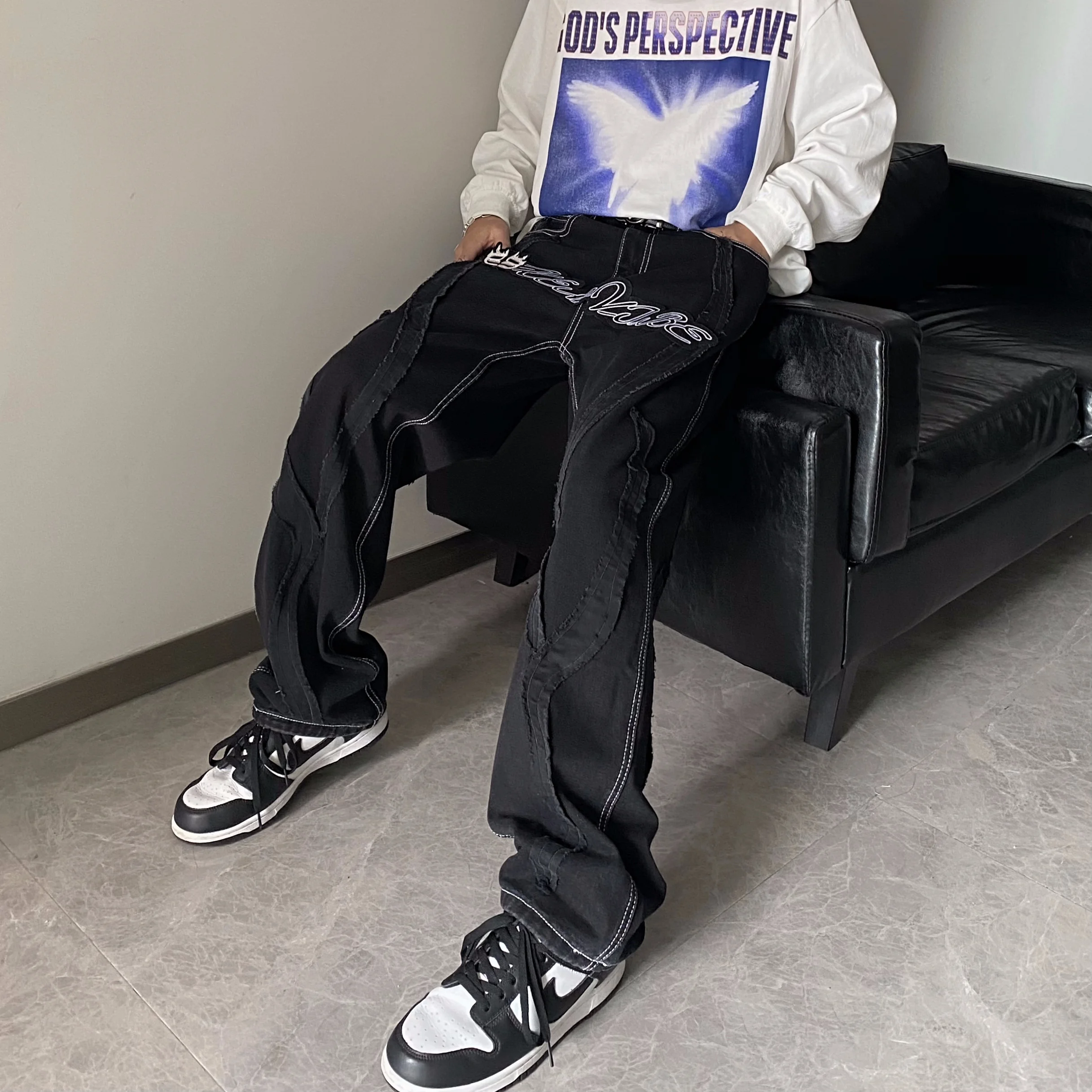 Брюки мужские в стиле ретро уличная одежда хип-хоп с вышивкой виде надписи джинсы