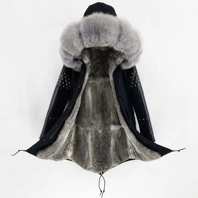 8 rabbit fur liner Женская длинная парка с воротником из натурального меха лисы, зимняя куртка с капюшоном, пальто с заклепками, Монгольская овечья кожаная верхняя одежда с рукавами, Detachabl - Цвет: 8 rabbit fur liner