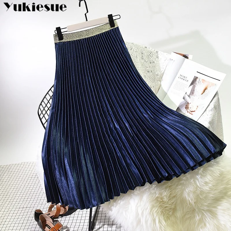 

2020 High Quality Women Summer Pleated Skirt Stretch elastic High Waist Women Long Skirt Female Jumper Women Midi Skirt Saia