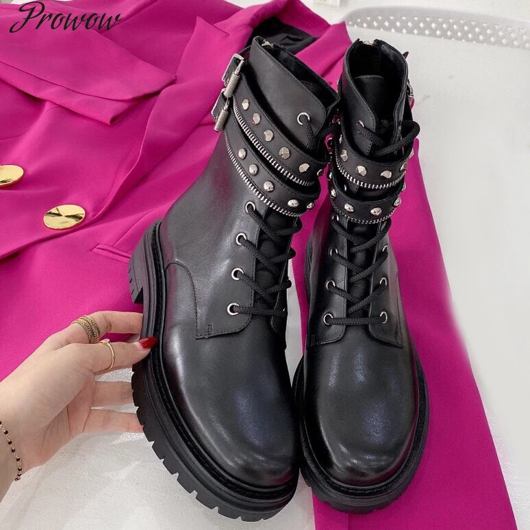 

Prowow Botas Mujer Leather Ankle Boots Round Toes Platform Heels Metal Decora Boots Woman Punk Martin Boots Woman Zip