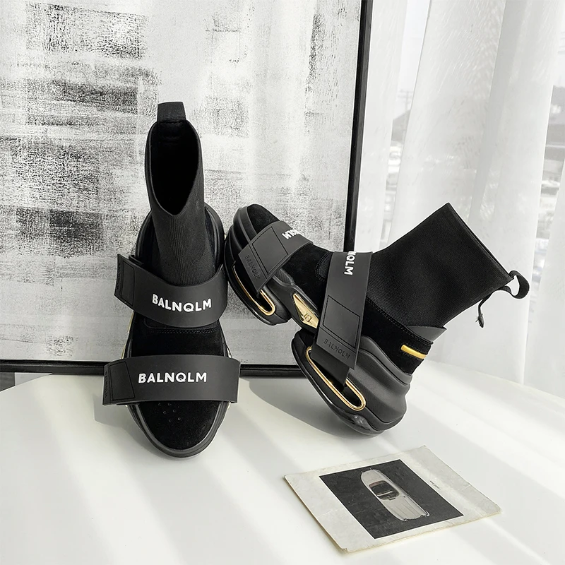 

Fashion High Top Sock Sneakers Women Thick Sole Platform Casual Shoes Ladies Genuine Leather Slip on Sock Boots Women Sneakers