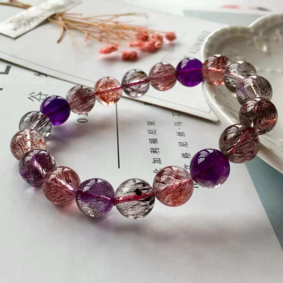 

Natural Colorful Super Seven 7 Rare Rutilated Quartz Bracelet 10.3mm Clear Round Beads Crystal For Women Men AAAAAA Genuine