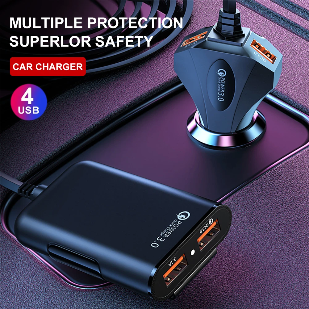 

4 In 1 Car Charger Car Lighter Charger Adapter QC3.0 Fast Charge Multi USB Car Charger Front and Back Seat Vehicle Charger