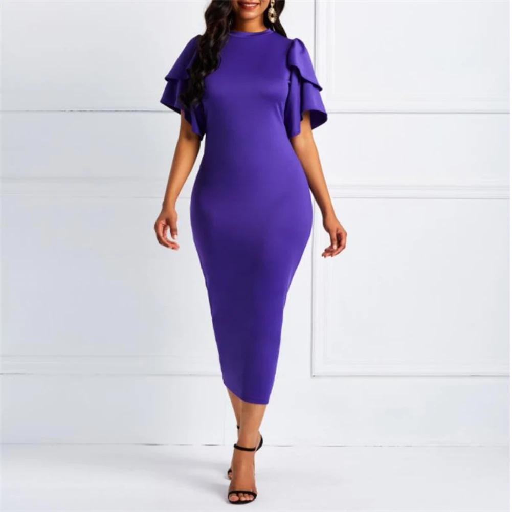 Solid color Fashion Sexy Women Ladies Solid Color O Neck Short Flared Sleeve Bandage Banquet Short Midi Dress  for party banquet