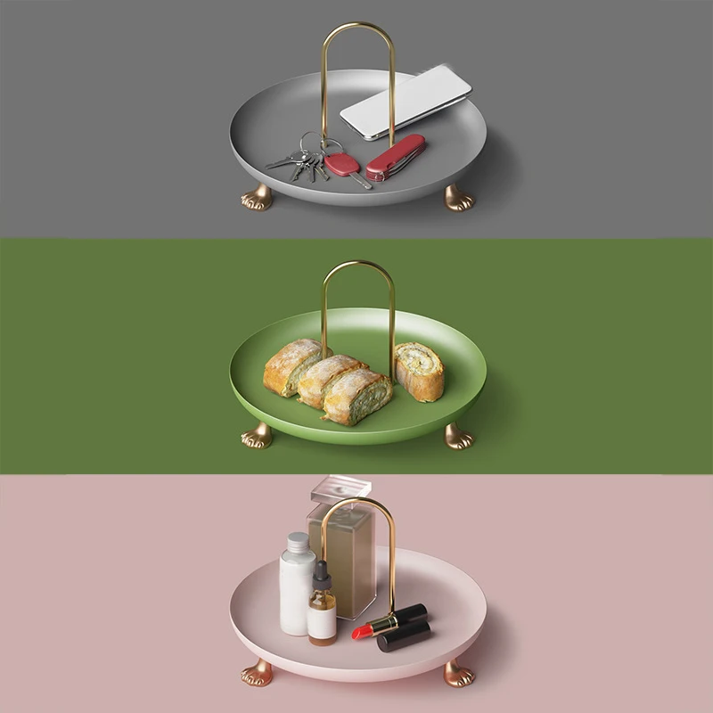 

Metal Storage Tray Jewelry Display Plate Luxury Dessert Fruit Cake Snack Plate with Handle Desktop Decor Tray