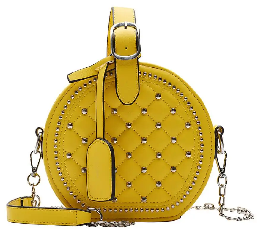 yellow Женские сумки, Круглый клатч, сумка на плечо, дамские ручные сумки, роскошные кожаные сумки с заклепками, женские сумки, розовые сумки на цепочке - Цвет: yellow