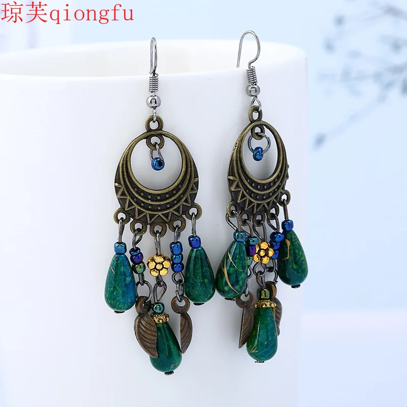

2021 Bohemian personality fashion handmade jewelry retro multicolor long tassel bronze earrings earrings Lucky jewelry