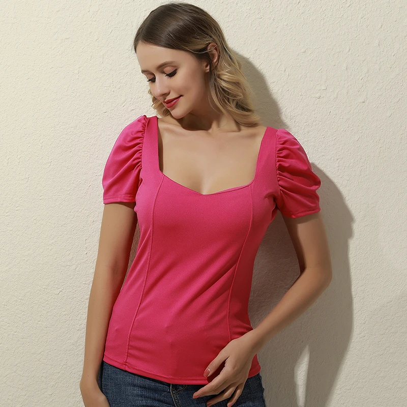 Летняя Повседневная футболка с оборками коротким рукавом винтажные однотонные