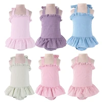 2021 summer infant baby swimsuit one piece 100 cotton seersucker ruffled lined girls swimsuit