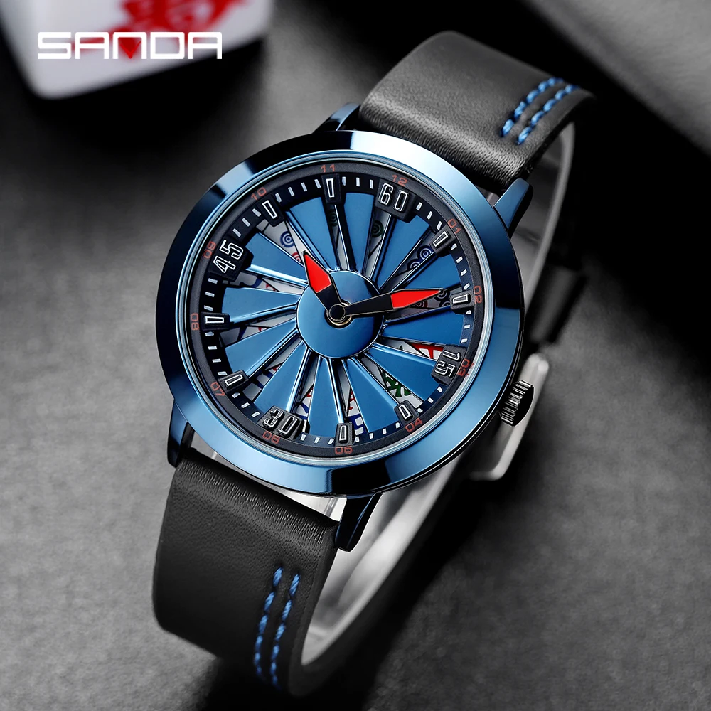SANDA Wheel Watch Leather Men Brand Wristwatch Spin Watch Dial Top Luxury Casual Blue Male Watches Gift Relogio Masculino 2021