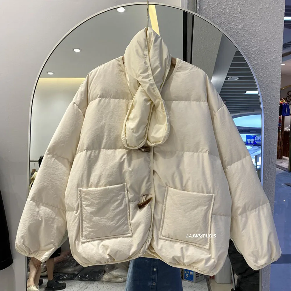 

2021 New White Duck Down Jacket Women's Winter Korean Long Sleeve Loose Thick Bread Casual Warm Coat with carf
