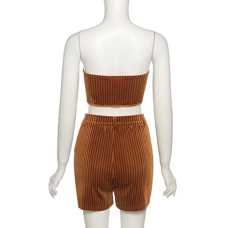 

2021 summer women's new sexy chest-wrapped striped top vest + hip shorts casual fitness sports suit streetwear