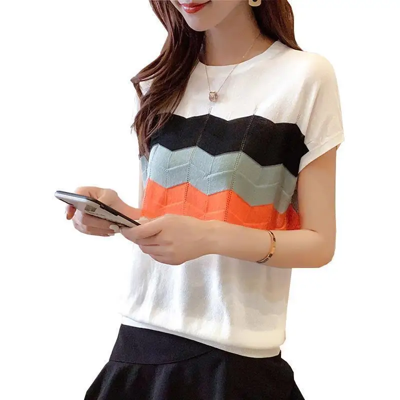 

Rainbow Stripe thin ice silk T-shirt women's color matching short sleeve spring and summer loose round neck T-shirt