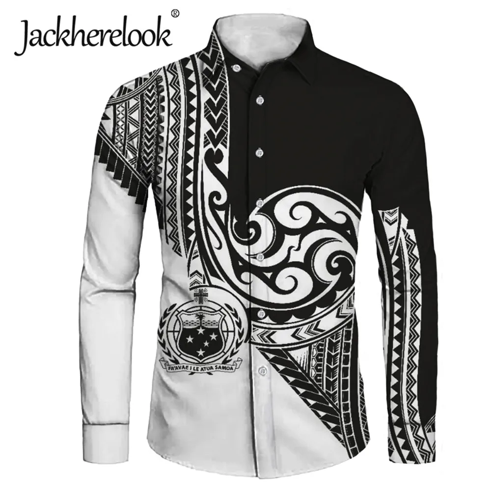 

Jackherelook Samoan Tribal Polynesain Tattoo Brand Design Button Down Shirts Men Long Sleeved Tops Clothing Camisas de Hombre