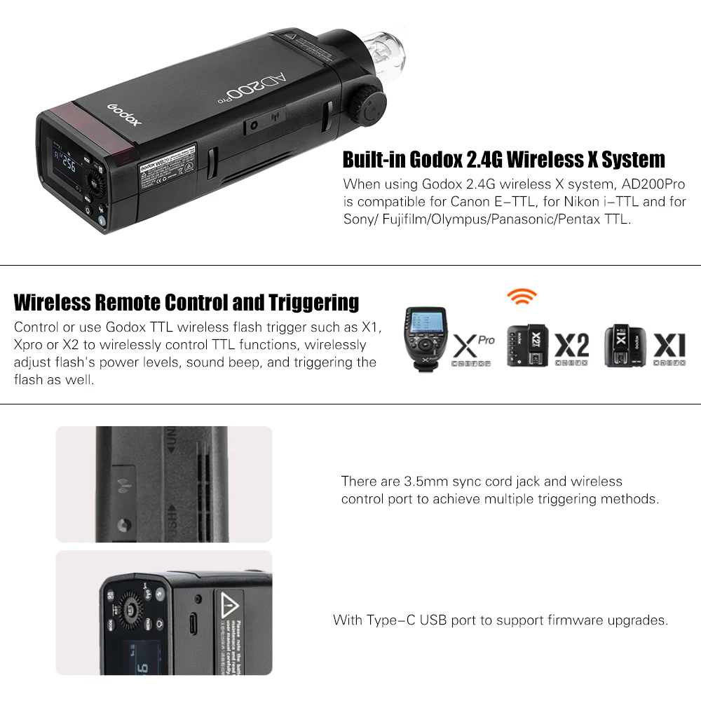 Godox AD200 Pro AD200Pro 200Ws 2,4G Вспышка стробоскоп 1/8000 HSS 500 полная мощность вспышки 0,01-2,1 s переработка батареи 2900 мАч
