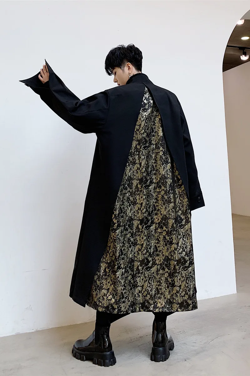 

Men Vintage Pattern Splice Loose Casual Long Jacket Trench Coat Male Japan Streetwear Hip Hop Gothic Kimono Overcoat Cardigan