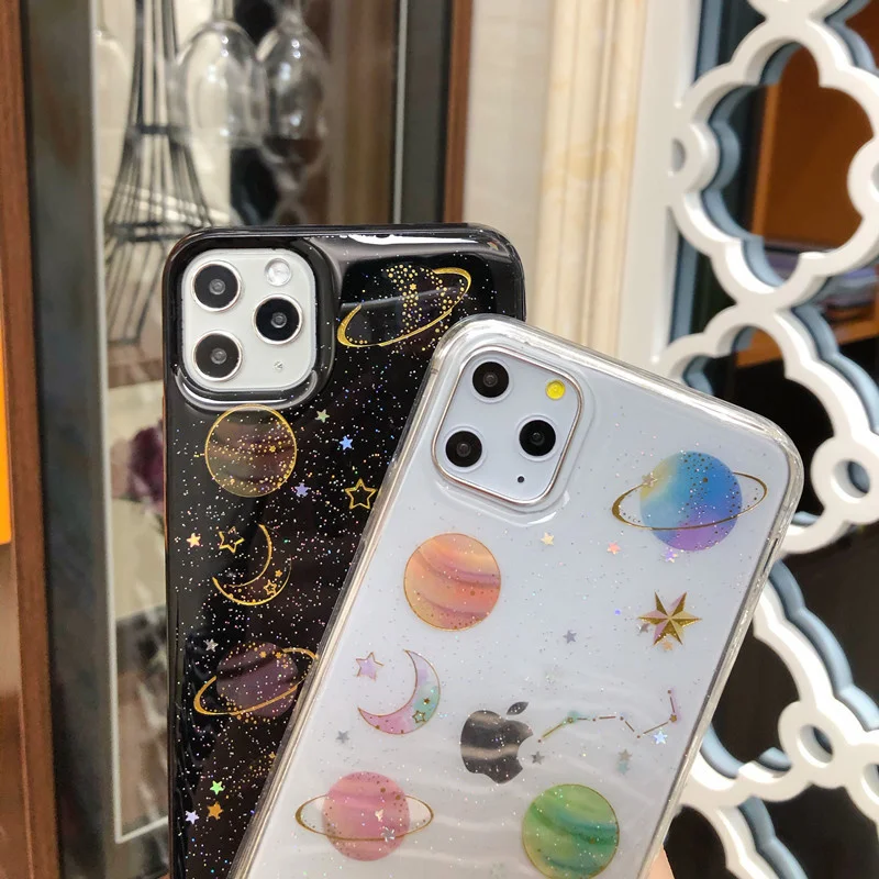 

Transprent Stars Moon Phone Case For iPhone 12 11Pro Max XR XS Max X 7 8 Plus SE 2020 12Pro 12Mini Glitter Bling Soft Back Cover