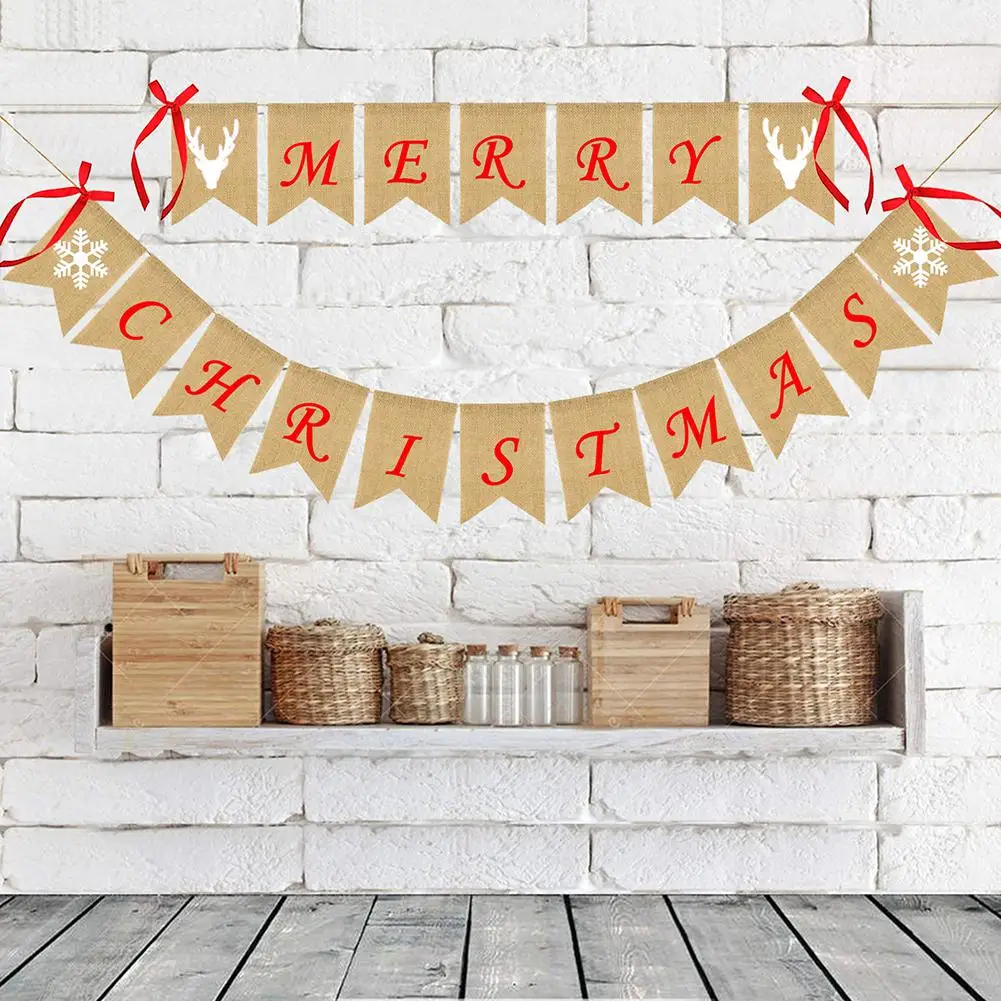 Декоративный баннер Снежинка Олень бант ленты Рождественские гирлянды холщовые