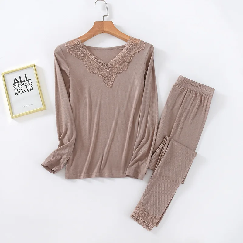 

Lace Low Collar Autumn Long Trousers Female Thread Modal Suit Sexy Body Slimming Base Thermal Underwear Pantalon Pijama Mujer