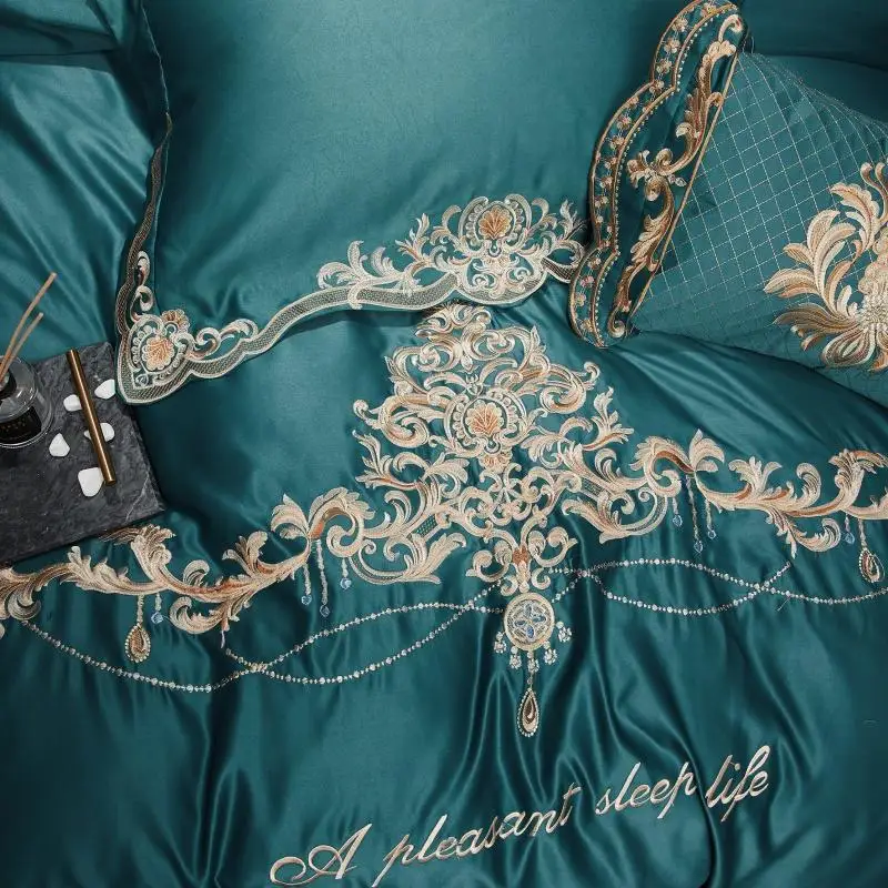 Комплект постельного белья с золотой вышивкой шелк/хлопок простыня на резинке