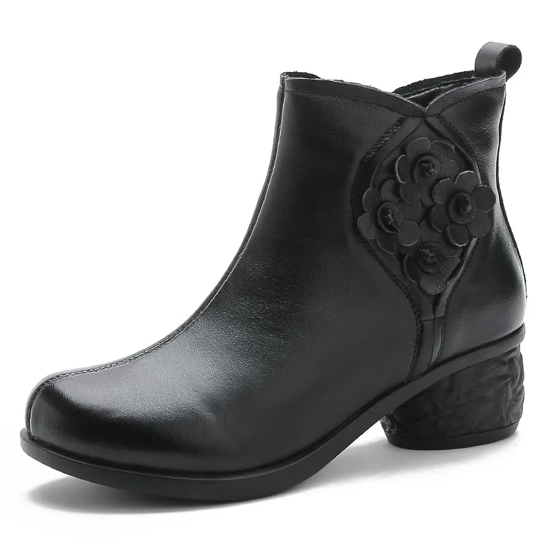 

DRKANOL 2020 New Autumn Winter Thick Heel Ankle Boots Women Warm Boots Shoes Handmade Genuine Leather Flowers Zipper Retro Boots