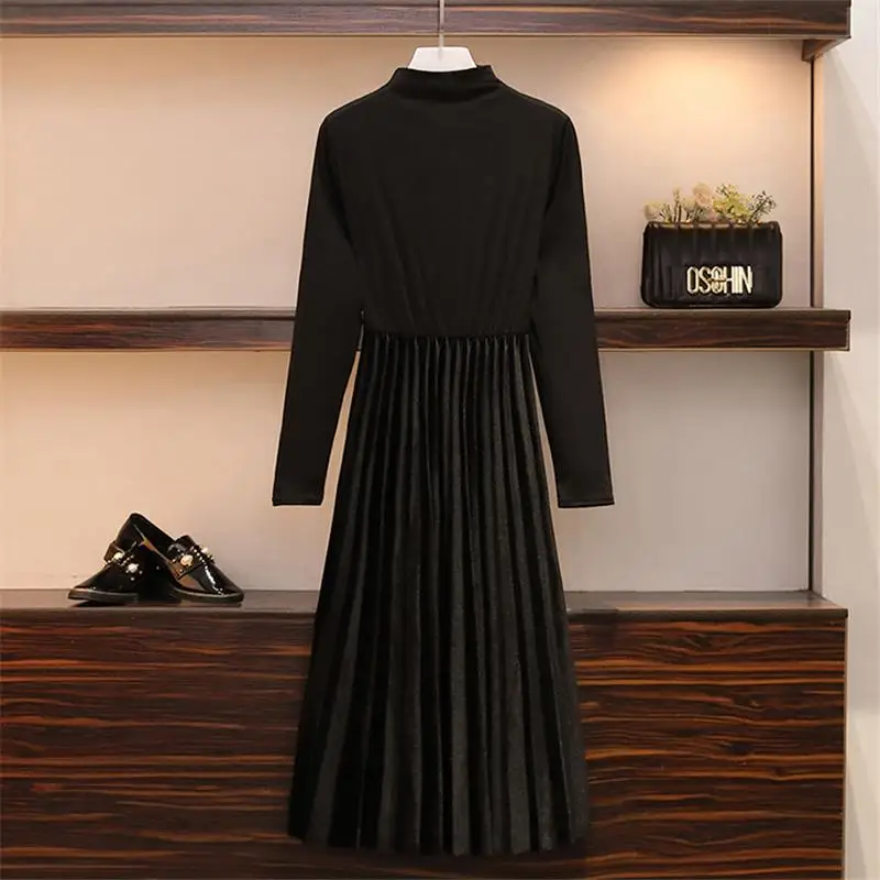 

2020 Autumn Winter Women Warm Suit Solid Color 2 Piece Set Outfit Midi Pleated Dress And Belt Knitted Vest Plus Size Suits N280