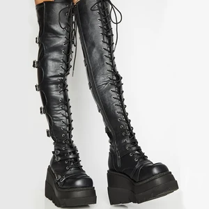 Miaoguan Female High Platform Thigh High Boots Fashion Buckle Punk High Heels Boot Women Cosplay Wedges Shoes for Autumn Woman
