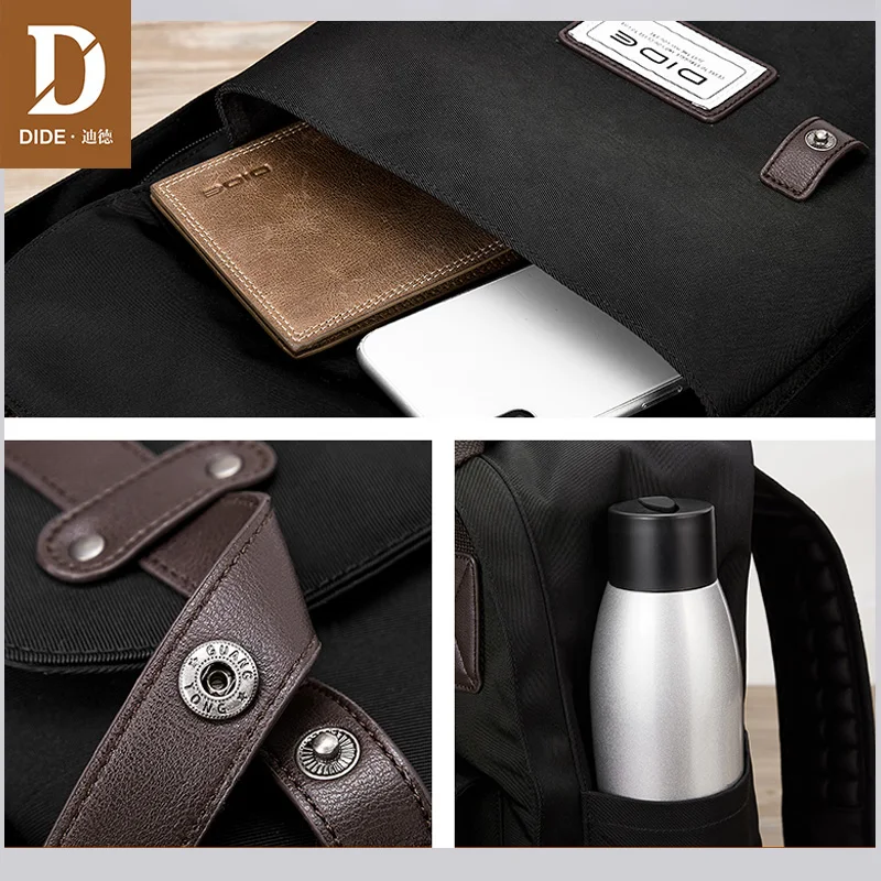 Рюкзак DIDE мужской из экокожи Модный повседневный черный ранец с USB зарядкой сумка