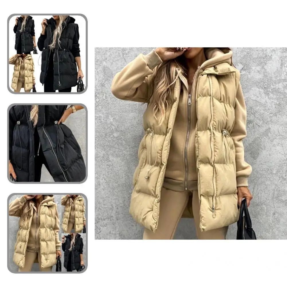 

Streetwear Great Drawstring Women Waistcoat Turn-down Collar Lady Vest Thick for Daily Wear