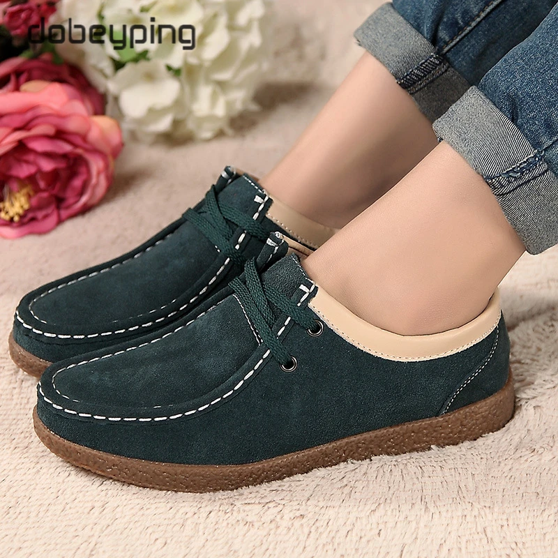 New Spring Autumn Casual Shoes Woman Cow Suede Leather Women Shoes Lace-Up Women's Loafers Moccasins Flats Soft Female Sneakers