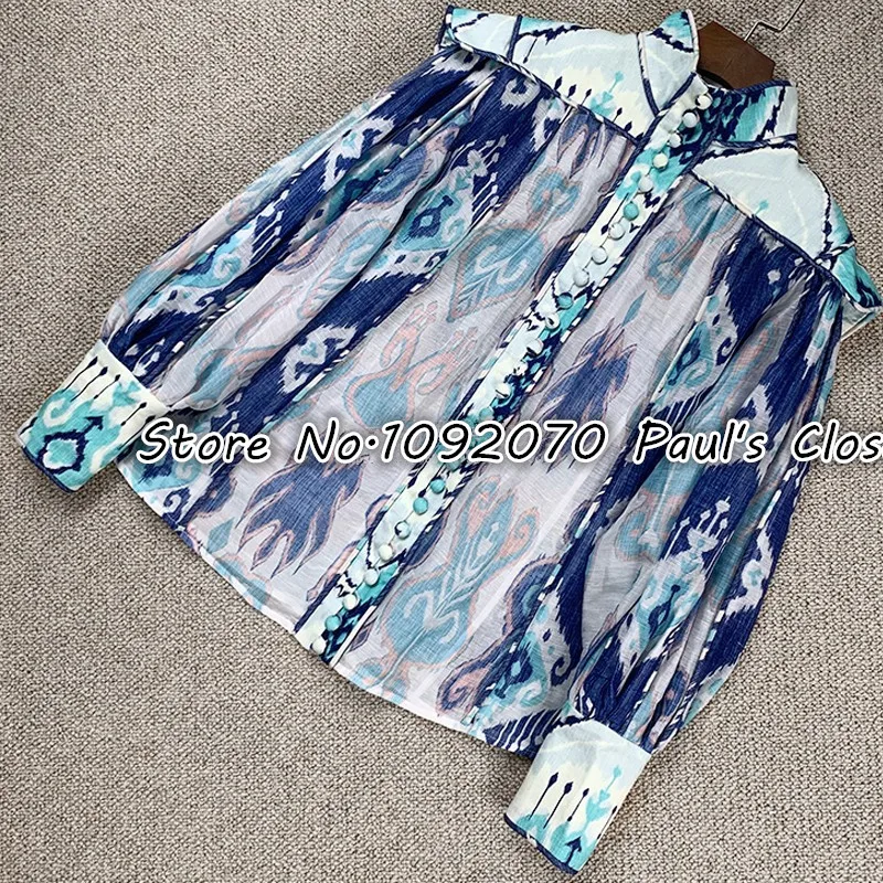 Женская льняная и шелковая блузка с длинными рукавами высоким воротником |