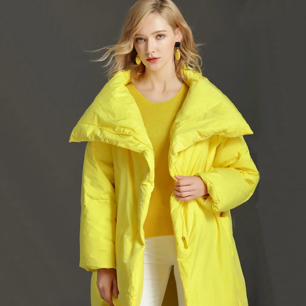 Popular Yellow Long White Duck Down Coats Large Suit Collar Casual Warm Oversize 6XL Winter Pink Lady Overcoats Jackets Women