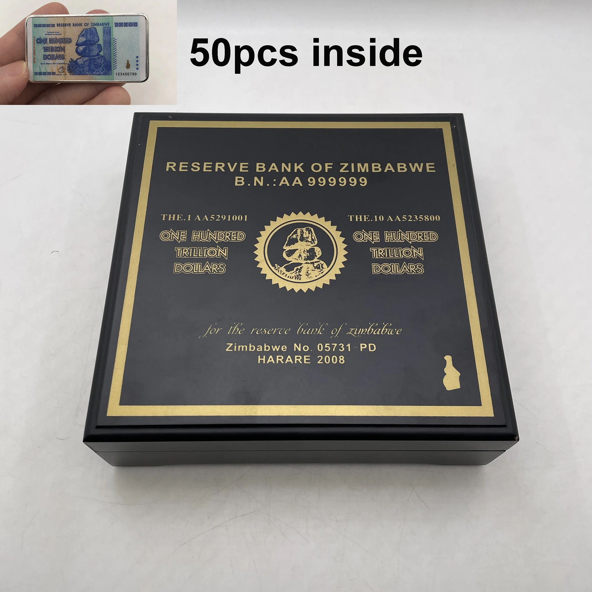 

Бесплатная доставка, 50 шт., синий, серебряный, 100 триллиона долларов, Зимбабве металлический стержень с красивой коробкой и сертификатами дл...