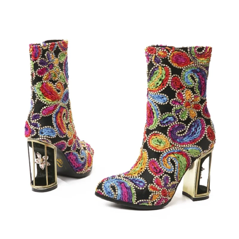 Оригинальные Модные женские ботильоны с круглым носком на высоком квадратном