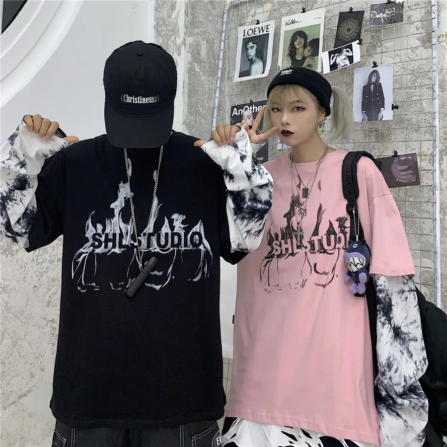 Woherb, Harajuku, футболка из двух частей, женская и Мужская модная уличная одежда, топы с буквенным принтом, повседневные топы с длинным рукавом, футболки
