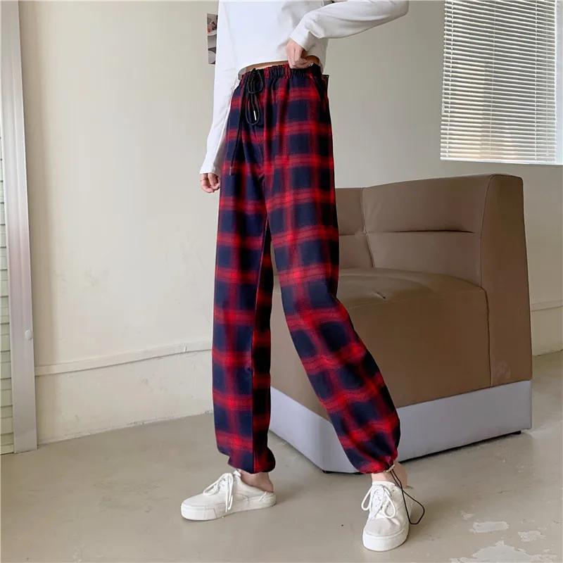 

QWEEK Harajuku Black Plaid Pants Women 2021 Korean Style Checkered Trousers Fashion Loose Red Classic Pants Baggy Wide Leg Pants