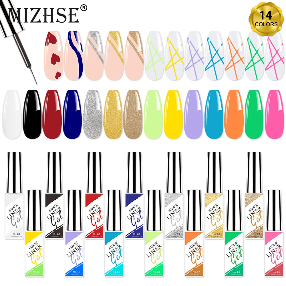

MIZHSE 10ML Nail Line Art Gel 14 Colors Semi Permanent UV Varnish DIY Painting Gel Drawing Nail Gel Polish for Manicure Nail Art