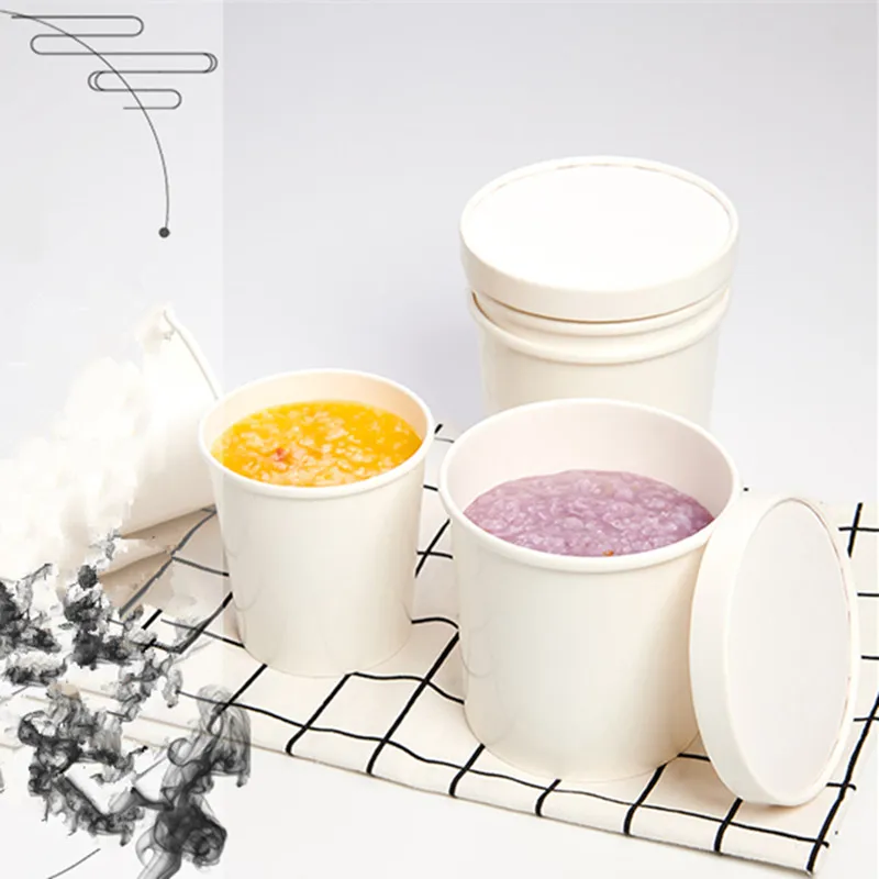 

50pcs High quality white kraft paper disposable takeaway packaging cups 8oz 12oz 16oz ice cream dessert soup round cup with lid