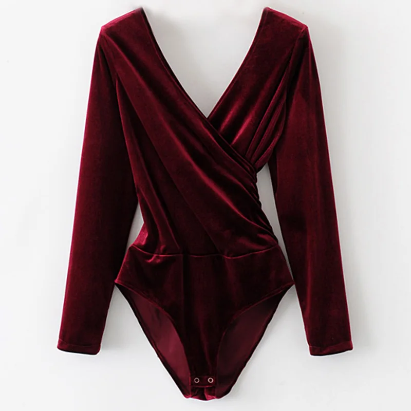 Fabric-Velour red SheMujerSky боди с длинным рукавом женские комбинезоны с открытой спиной черно-белые боди femme monos cortos de mujer - Цвет: Fabric-Velour red