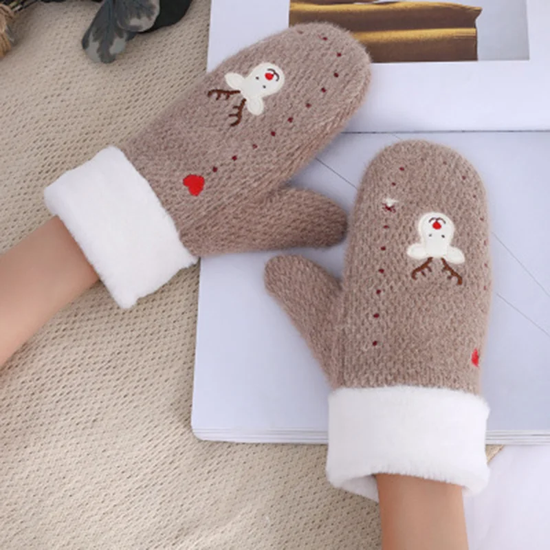 Women's Winter Double Thicken Velvet Wool Knit Warm Gloves Cute Cartoon Elk Embroidered Cashmere Cycling Driving Mittens L20 |