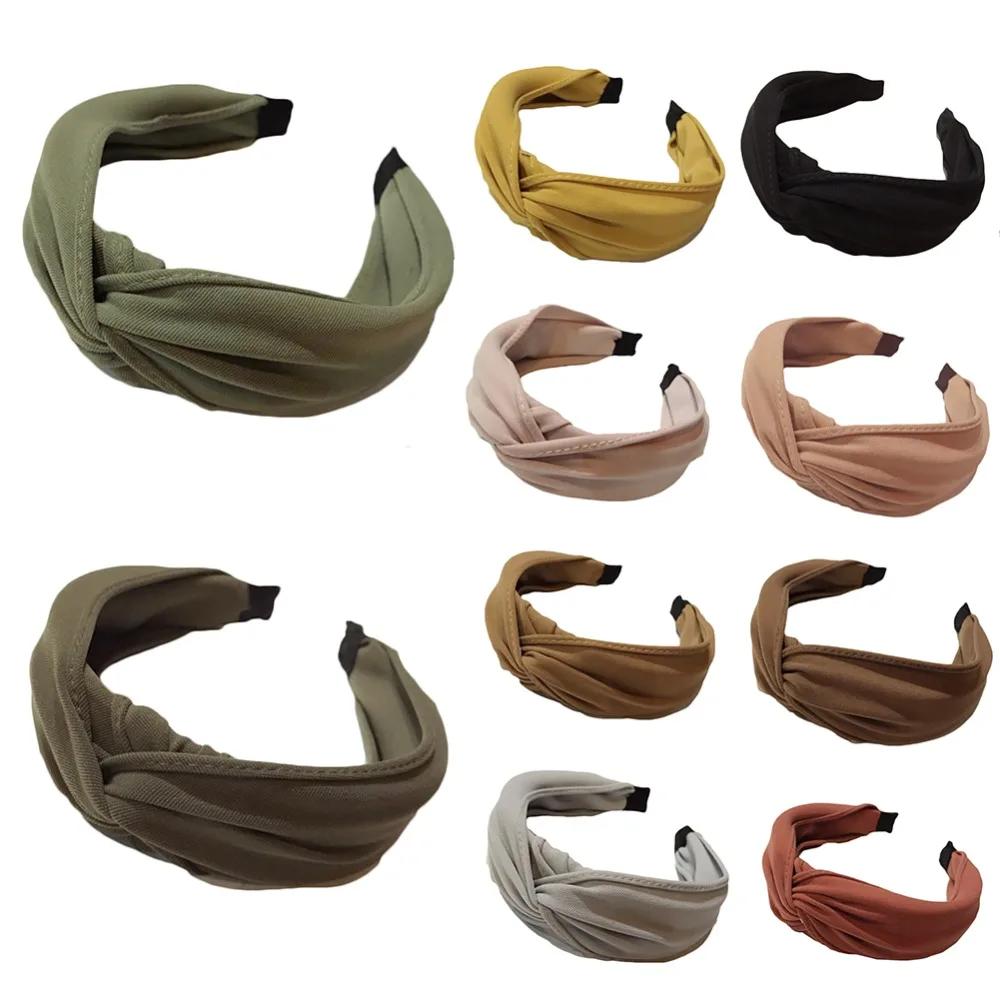 Женская повязка на голову однотонная с бантом перекрестная тканевая ободок