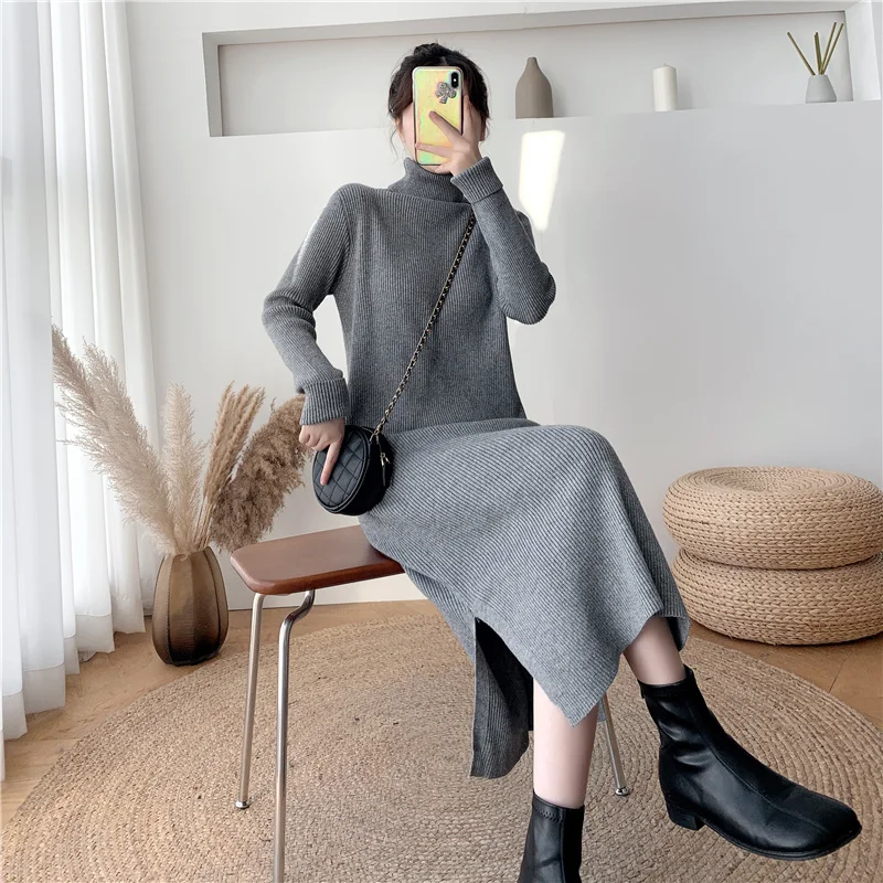 

2021 Winter Womens Solid Color Knitted Sweater New High Neck Thick Mid Length Dress Gray Blue Apricot
